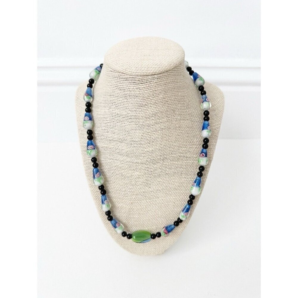 NWT Genuine Murano Glass & Black Onyx Necklace Flowers Blue Beaded Floral
